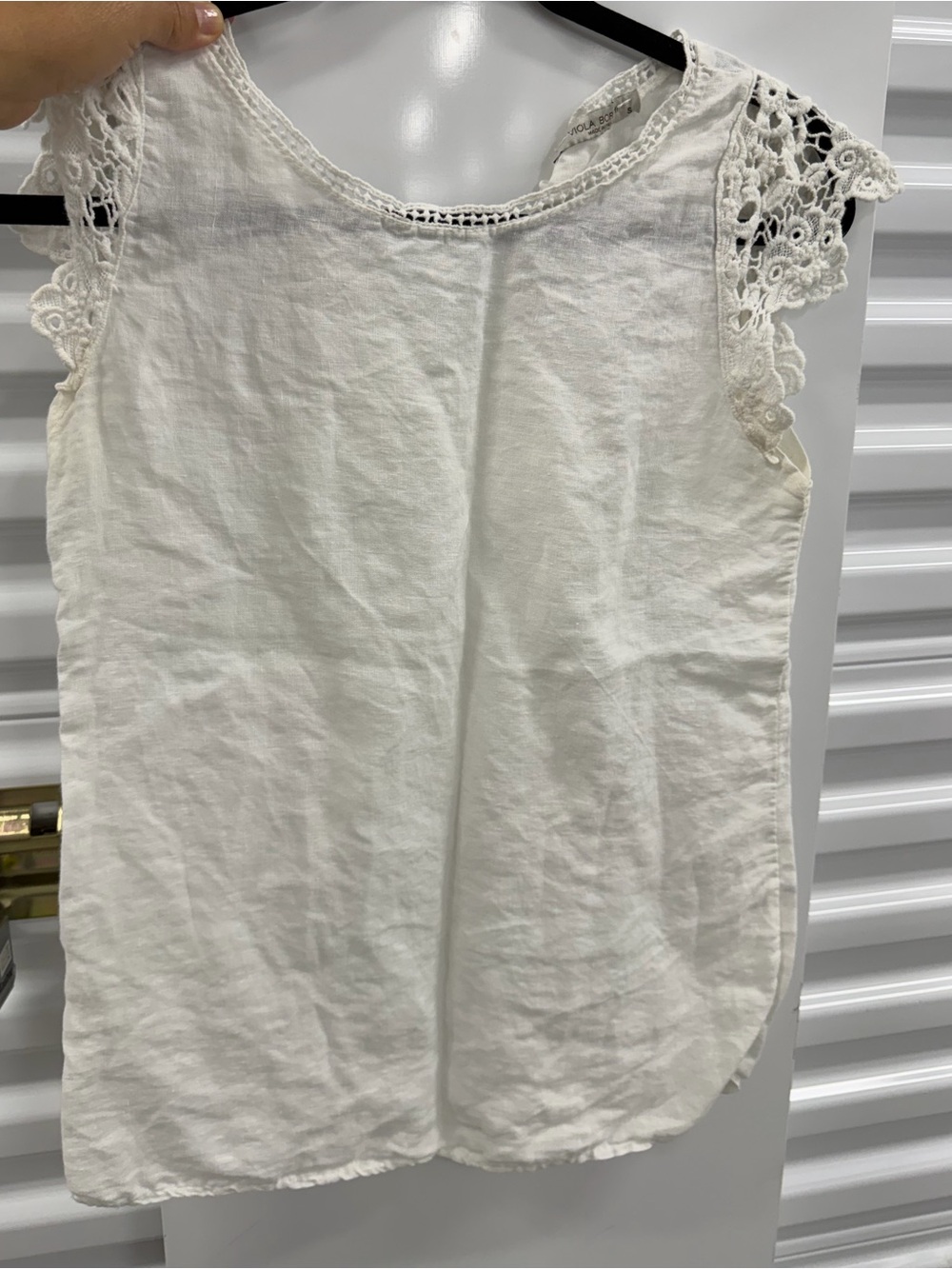 Linen Blend Sleeveless Top with Lace Trim - White